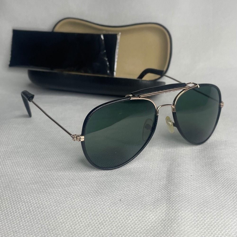 Vintage Fully Leather Wrapped Aviator Sunglasses Gold Metal Frame Midnight Lens